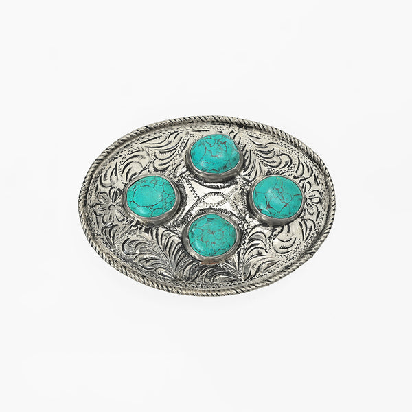 ADBKA102 Belt Buckle Engraved Brass Turquoise Rhinestone Scrollwork