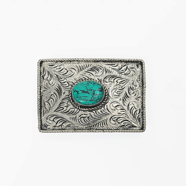 ADBKA103 Belt Buckle Engraved Brass Turquoise Rhinestone Scrollwork