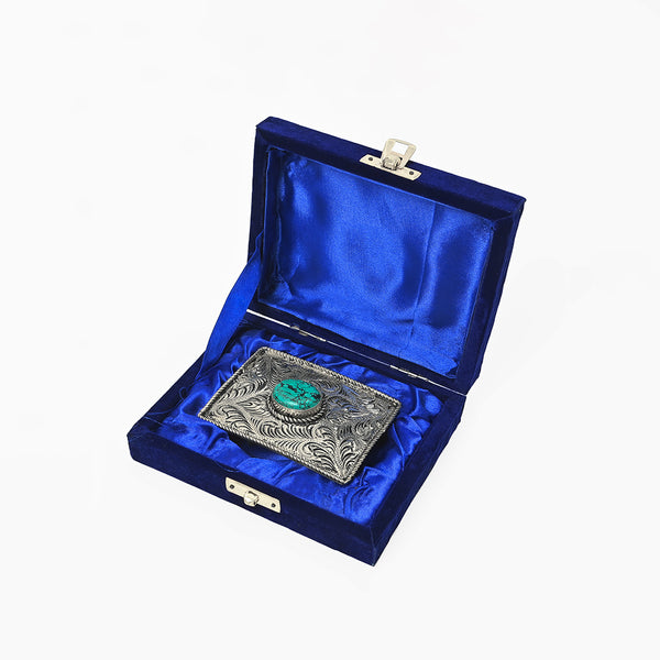 ADBKA103 Belt Buckle Engraved Brass Turquoise Rhinestone Scrollwork