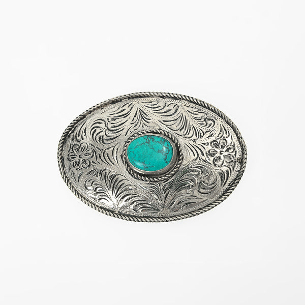 ADBKA104 Belt Buckle Engraved Brass Turquoise Rhinestone Scrollwork