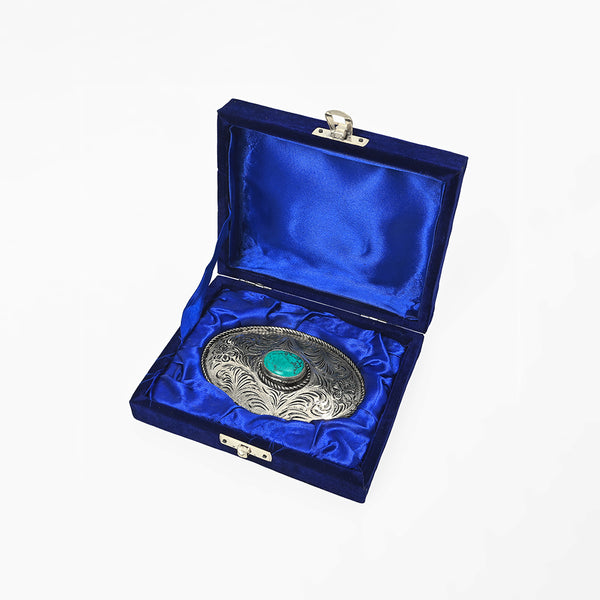 ADBKA104 Belt Buckle Engraved Brass Turquoise Rhinestone Scrollwork