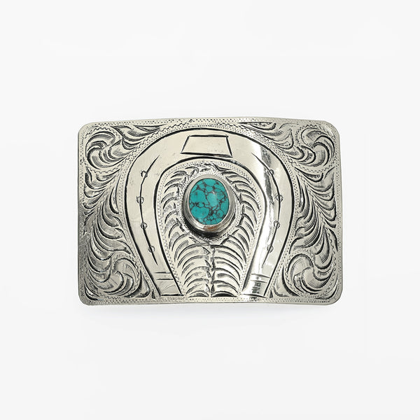 ADBKV108 Hand Engraved German Silver Horseshoe Western Belt Buckle with Turquoise Stones