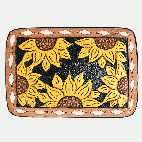 ADBLF102-BU Hand-Painted Sunflower Tooled Leather Belt Buckle Black & Yellow