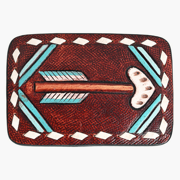 ADBLF104-BU Hand-Painted Arrow Tooled Leather Belt Buckle Rustic Red & Turquoise