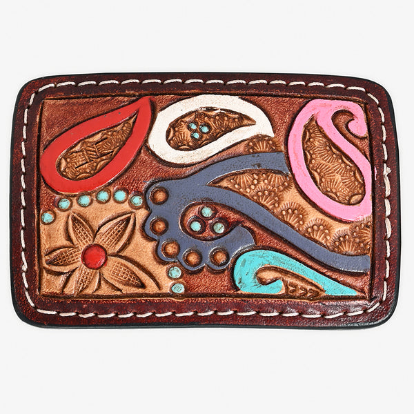 ADBLF105-BU Hand-Painted Paisley Floral Tooled Leather Belt Buckle Multicolor Western Style