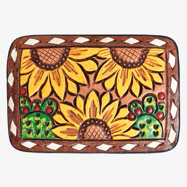 ADBLF106-BU Hand-Painted Sunflower & Cactus Tooled Leather Belt Buckle Vibrant Western Style