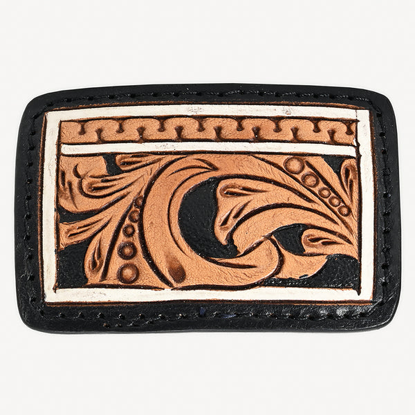 ADBLF109-BU Hand-Tooled Western Leather Belt - Turquoise Inlay & Floral Scroll Design