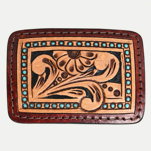 ADBLF110-BU Hand-Tooled Leather Belt Buckle - Western Floral with Turquoise Accents