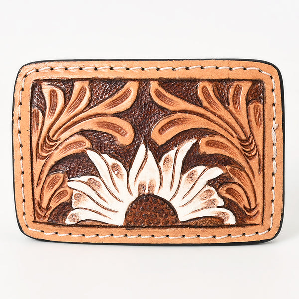ADBLF114-BU Hand-Tooled Leather Belt Buckle - Sunflower and Floral Carving