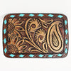 ADBLF115-BU Hand-Tooled Leather Belt Buckle - Paisley & Sunflower with Turquoise Accents