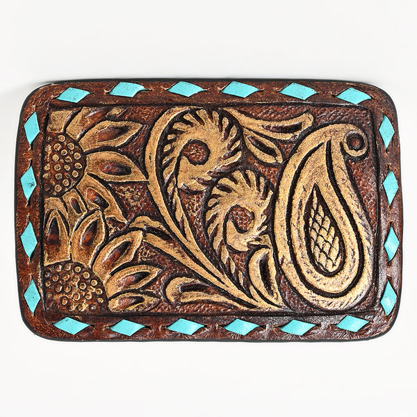 ADBLF115-BU Hand-Tooled Leather Belt Buckle - Paisley & Sunflower with Turquoise Accents