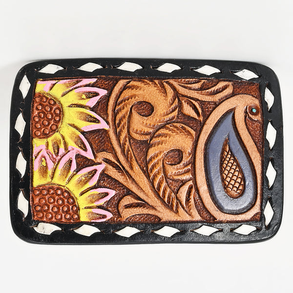 ADBLF116-BU Tooled Leather Belt Keeper - Paisley & Sunflower Design with Pink & Yellow Accents