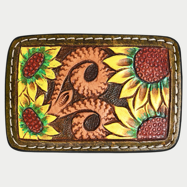 ADBLF122-BU Tooled Leather Belt - Bright Yellow Sunflowers & Scrollwork Design