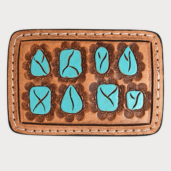 ADBLF126-BU Tooled Leather Key Fob - Turquoise Stone-Inspired Design
