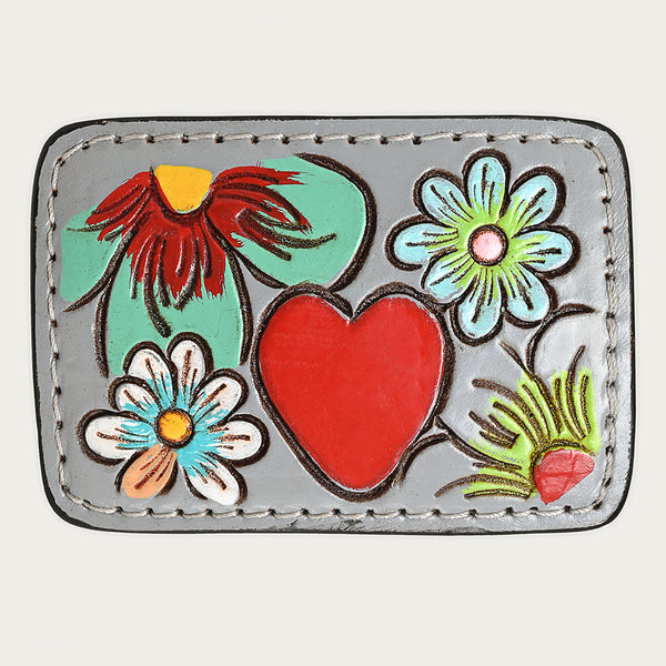 ADBLF127-BU Tooled Leather Belt Buckle - Heart & Flowers on Gray Leather