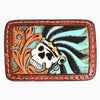 ADBLF128-BU Hand-Tooled Leather Belt Buckle - Skull Design with Turquoise & Brown Accents