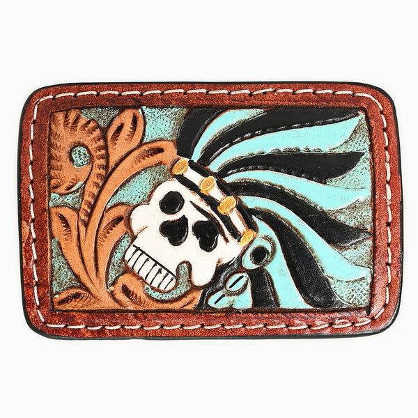 ADBLF128-BU Hand-Tooled Leather Belt Buckle - Skull Design with Turquoise & Brown Accents