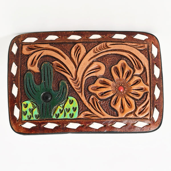 ADBLF129-BU Western Leather Belt Buckle - Tooled Cactus & Floral Design