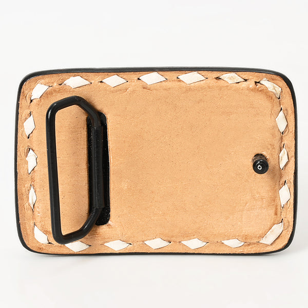 ADBLF129-BU Western Leather Belt Buckle - Tooled Cactus & Floral Design