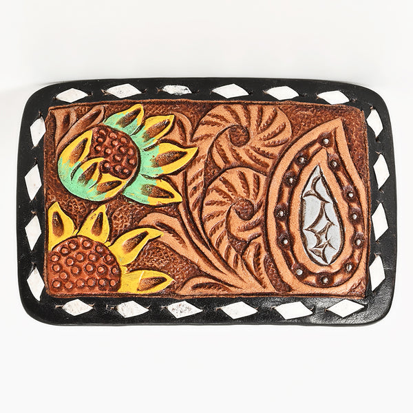 ADBLF130-BU Hand Tooled Leather Belt Buckle - Sunflower & Paisley Western Design