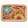 ADBLF131-BU Hand Tooled Leather Belt Buckle - Sunflower & Turquoise Floral Western Design