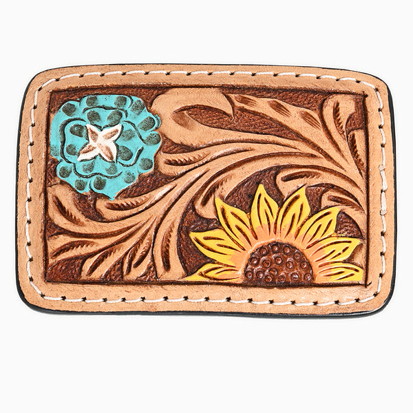 ADBLF131-BU Hand Tooled Leather Belt Buckle - Sunflower & Turquoise Floral Western Design