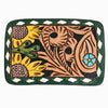 ADBLF133-BU Hand Tooled Leather Belt Buckle - Sunflower & Turquoise Floral Design with Green Border