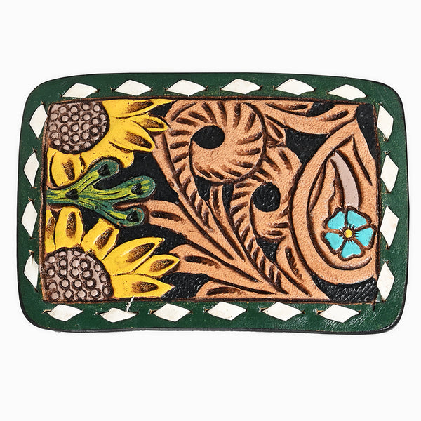 ADBLF133-BU Hand Tooled Leather Belt Buckle - Sunflower & Turquoise Floral Design with Green Border