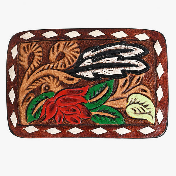 ADBLF135-BU Hand Tooled Leather Belt Buckle - Red Rose, Feather & Western Scroll with Diamond Border