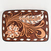 ADBLF136-BU Hand Tooled Leather Belt Buckle - Western Floral & Feather Design with White Diamond Border