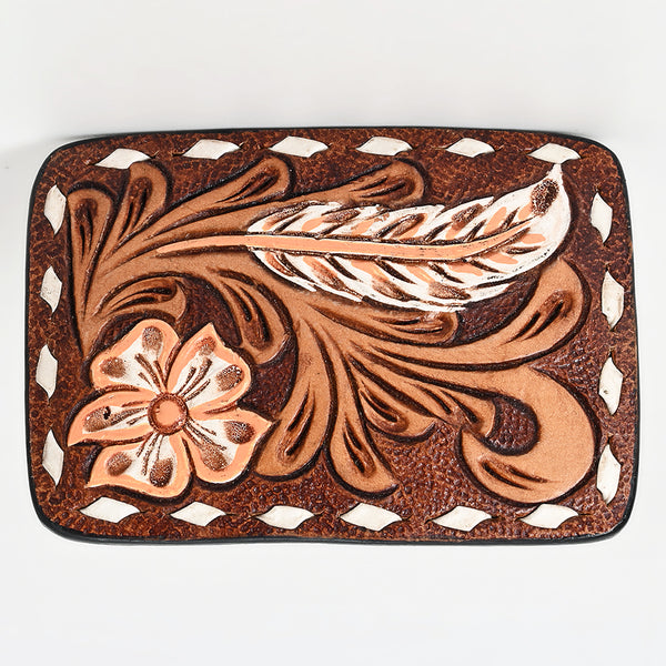 ADBLF136-BU Hand Tooled Leather Belt Buckle - Western Floral & Feather Design with White Diamond Border