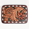 ADBLF137-BU Hand Tooled Leather Belt Buckle - Western Floral Scroll Design with Green Background and White Diamond Border