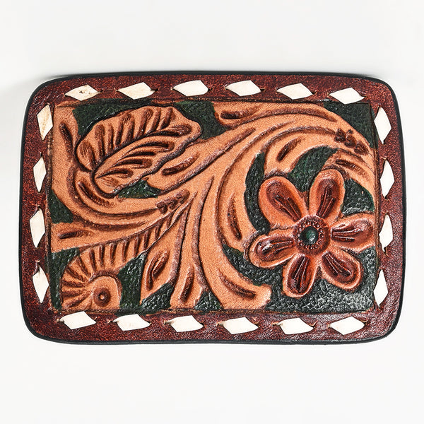ADBLF137-BU Hand Tooled Leather Belt Buckle - Western Floral Scroll Design with Green Background and White Diamond Border