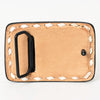 ADBLF137-BU Hand Tooled Leather Belt Buckle - Western Floral Scroll Design with Green Background and White Diamond Border