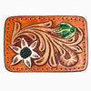 ADBLF138-BU Hand Tooled Leather Belt Buckle - White Flower & Scroll Design with Green Accents