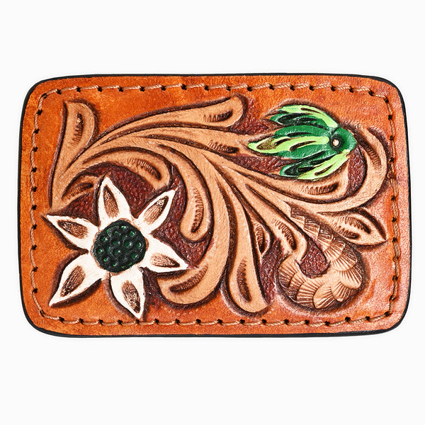 ADBLF138-BU Hand Tooled Leather Belt Buckle - White Flower & Scroll Design with Green Accents