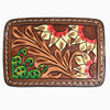 ADBLF141-BU Hand Tooled Leather Belt Buckle - Red-Tipped Sunflowers & Cactus Design with Western Scroll