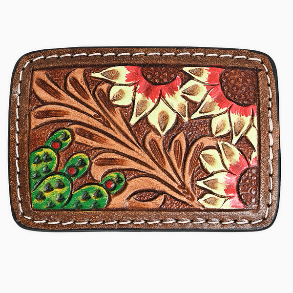 ADBLF141-BU Hand Tooled Leather Belt Buckle - Red-Tipped Sunflowers & Cactus Design with Western Scroll