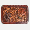 ADBLF148-BU Tooled Leather Belt Buckle - Rustic Floral Carving in Saddle Brown
