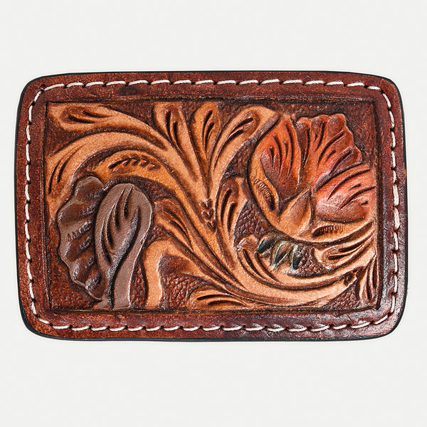 ADBLF148-BU Tooled Leather Belt Buckle - Rustic Floral Carving in Saddle Brown