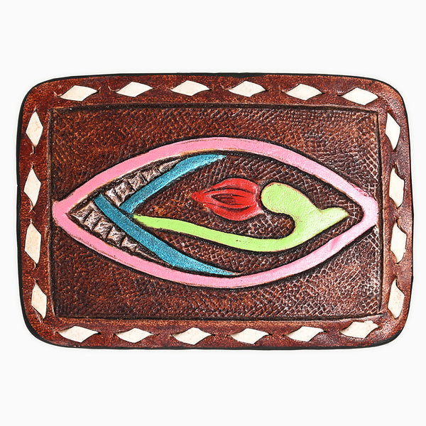 ADBLF150-BU Tooled Leather Buckle - Abstract Floral Motif in Neon Colors