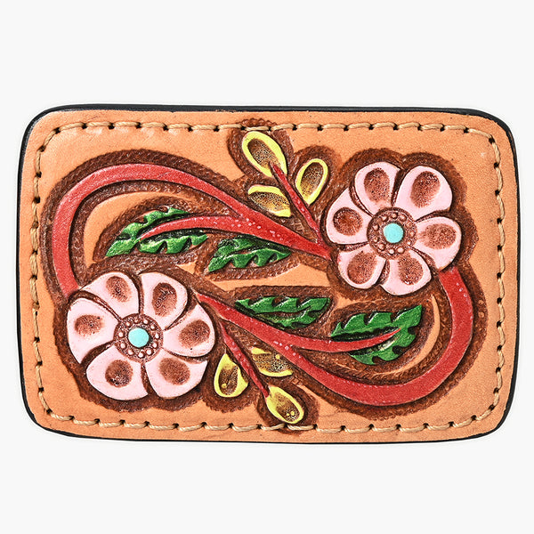 ADBLF158-BU Tooled Leather Buckle - Pink Floral & Vine Design