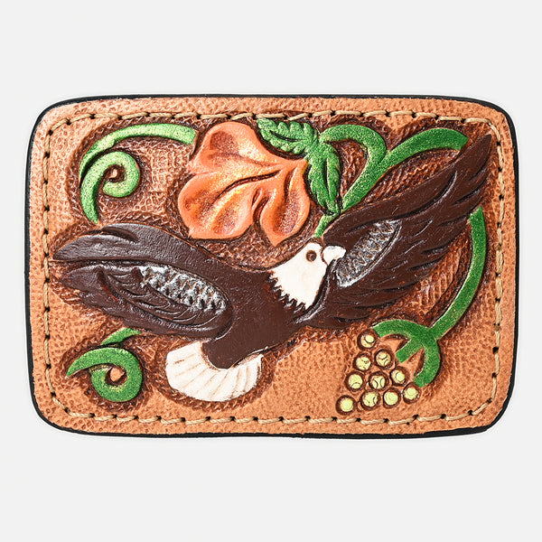 ADBLF160-BU Hand Tooled Leather Buckle - Bald Eagle & Floral Design