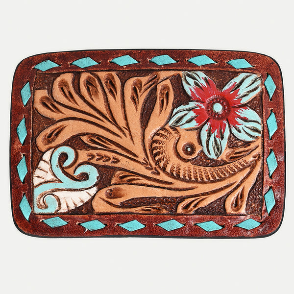 ADBLF170-BU Handtooled Leather Buckle - Western Floral with Turquoise & Red Accents