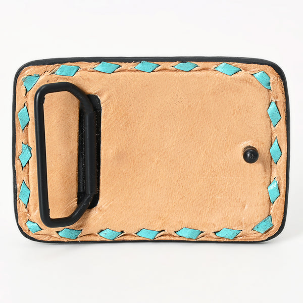 ADBLF170-BU Handtooled Leather Buckle - Western Floral with Turquoise & Red Accents