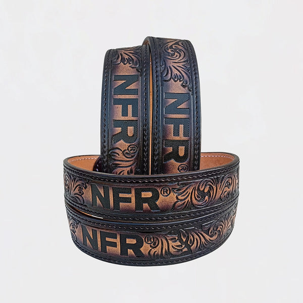 Official PRCA & NFR Licensed Collection®️ Black Tan Floral Tooled Leather Belt