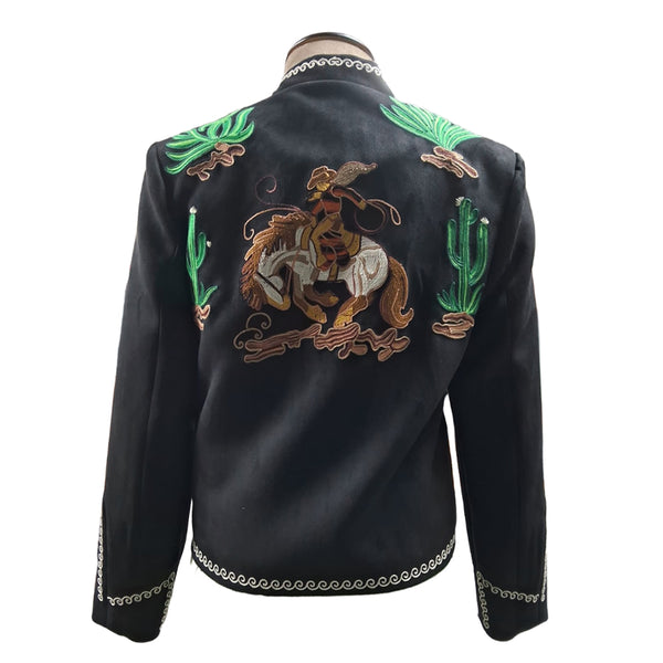 ADJKT071 Chic Black Western Floral & Horse Embroidered Boho Fabric Jacket for Women