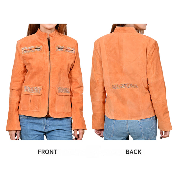 ADJKT108 American Darling Women Orange Leather Rhinestone Studded Jacket