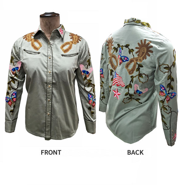 ADSH048 American Darling Saga Green Western Apparel - Embroidered Cotton Satin Butterfly Shirt