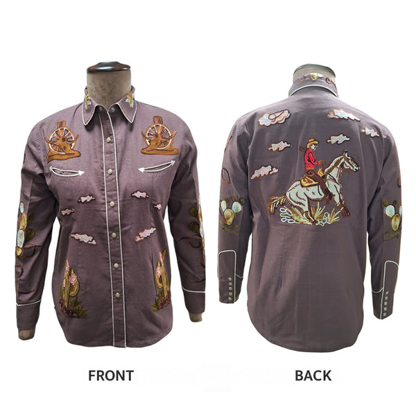 ADSH054 American Darling Plum Western Apparel - Embroidered Cotton Linen Desert Motif Shirt